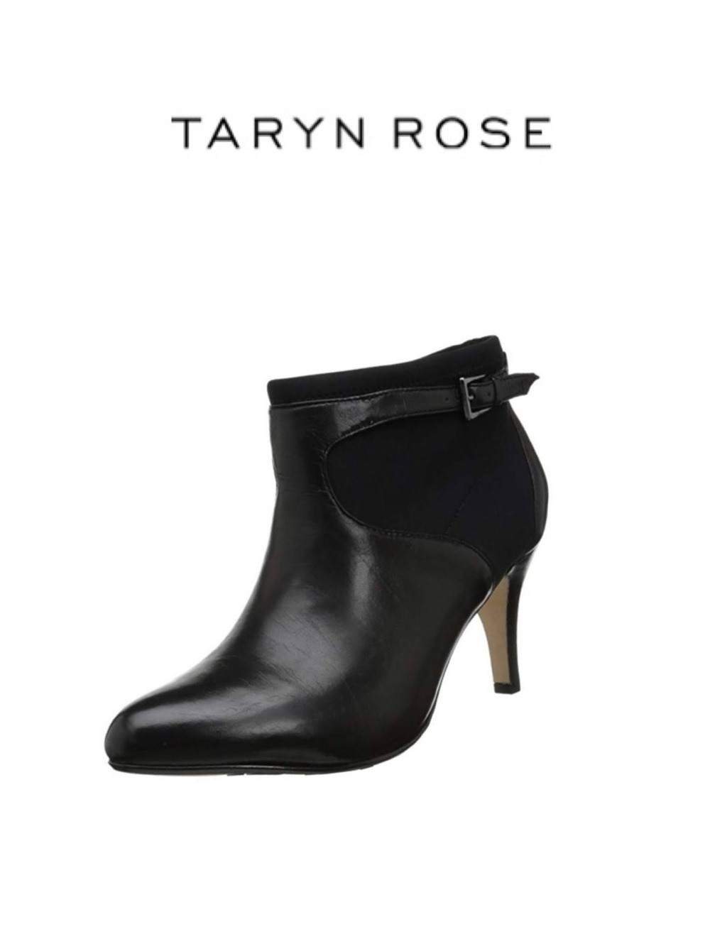 Taryn Rose Black Leather Pointed Ankle Boot with Buckle Detail